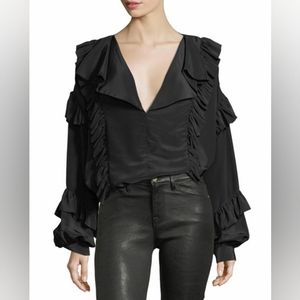 FRAME Dancing Peasant Top V-neck Ruffles black silk blend L